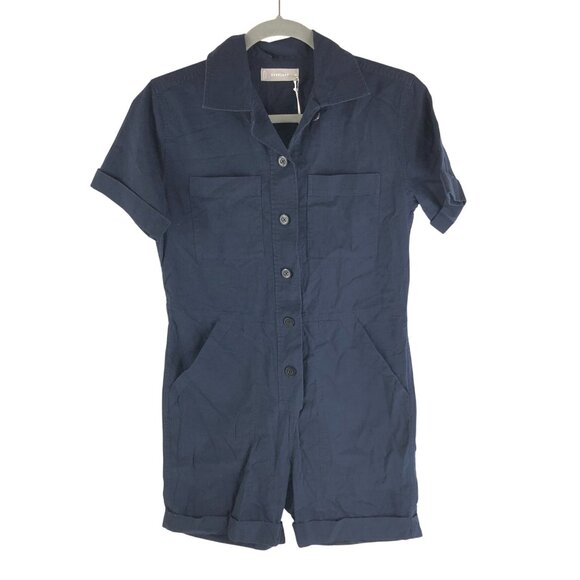 Everlane The Cotton Weave Romper Short Sleeve Pockets Navy Blue Size 00 - Picture 4 of 7